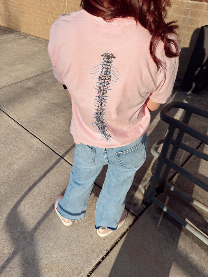 Back of pink Lumbar Puncture t-shirt