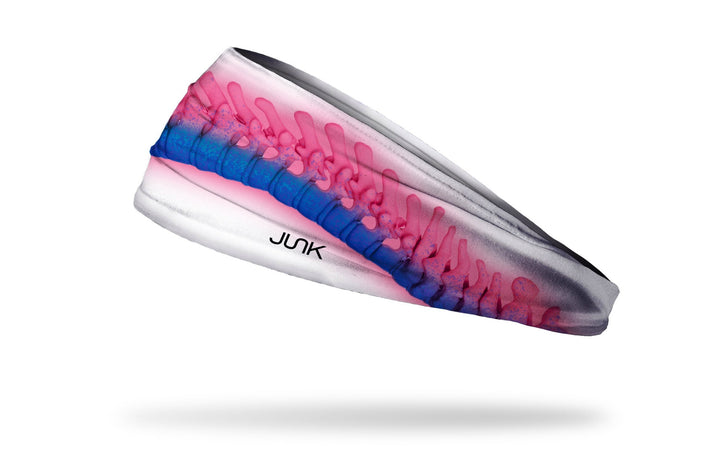 Pink, blue and white Ladyspinedoc x Junk athletic headband with spine design