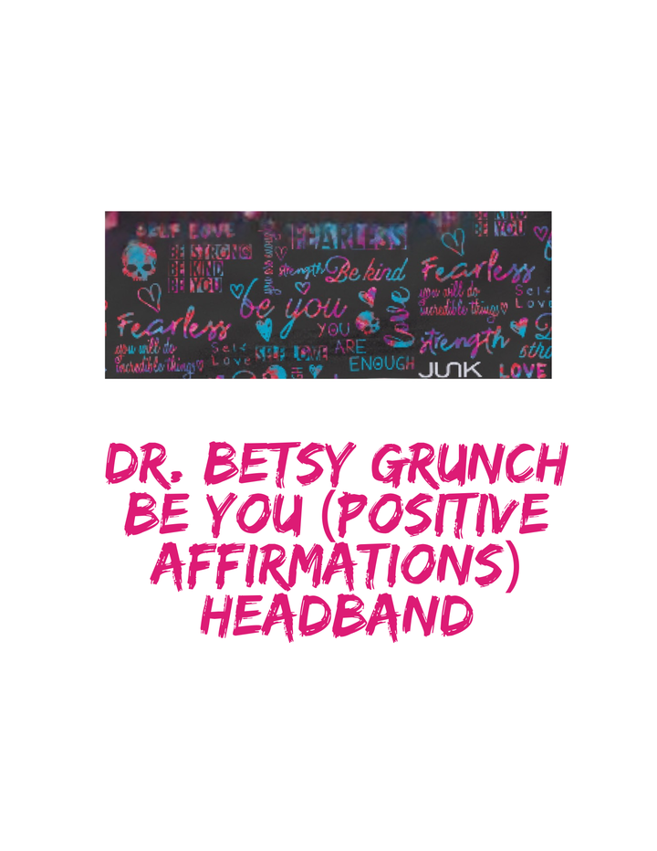 Headband with positive affirmations text on a black background, featuring the brand 'Junk'.