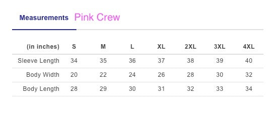 Measurement chart for Pink Crew shirts with sleeve length, body width, and body length dimensions.