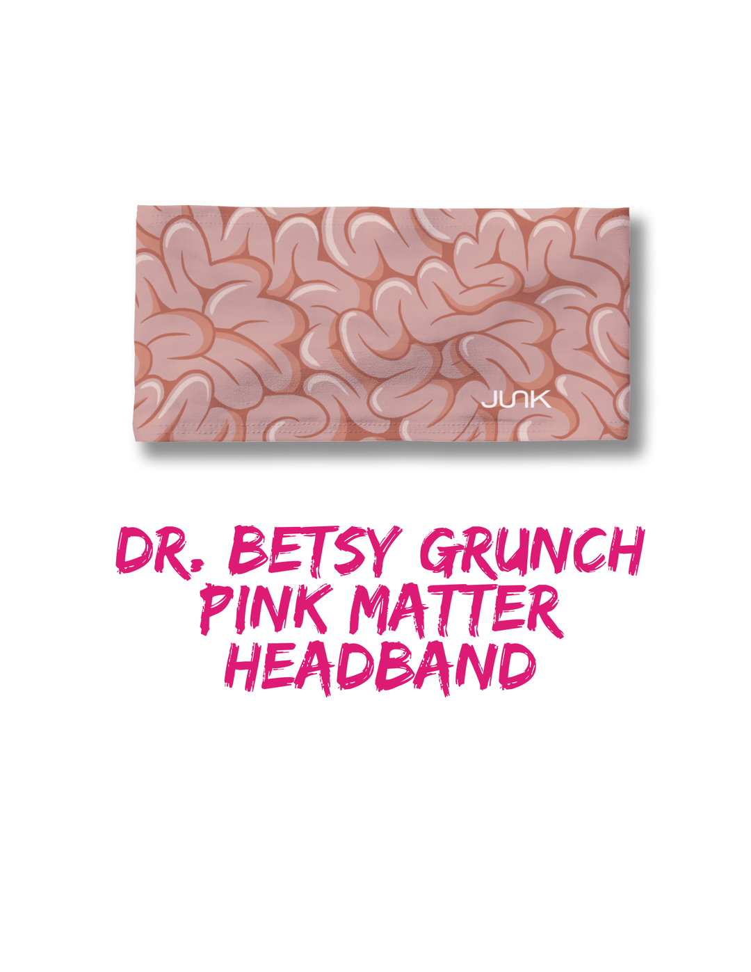 Pink brain-patterned headband packaging with 'Junk' branding on a white background.