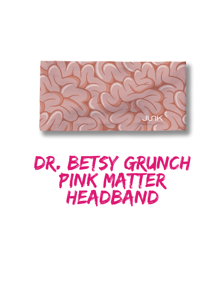 Pink brain-patterned headband packaging with 'Junk' branding on a white background.