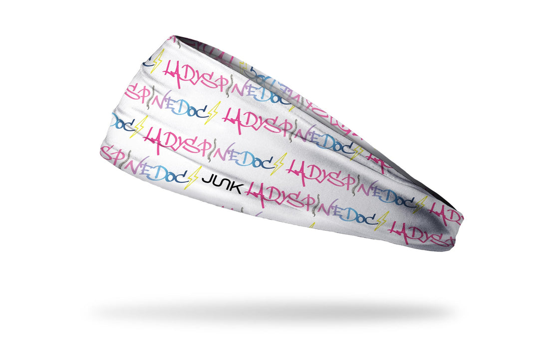 Ladyspinedoc x Junk athletic headband featuring the Ladyspinedoc logo