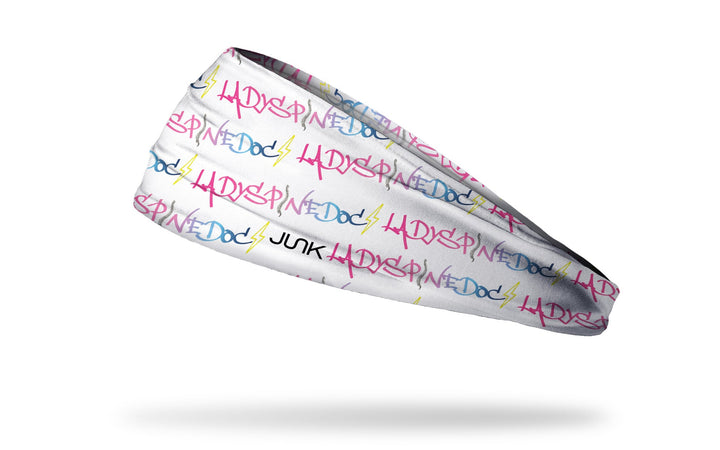 Ladyspinedoc x Junk athletic headband featuring the Ladyspinedoc logo