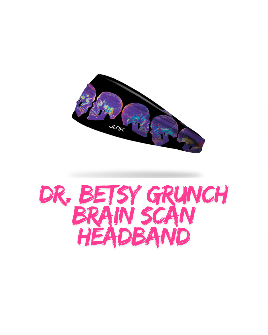 Ladyspinedoc x JUNK Brand Brain Scan headband with purple skulls on a black background