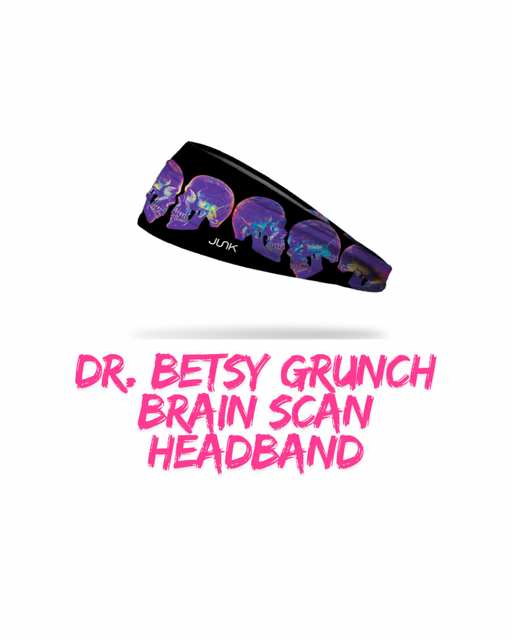 Ladyspinedoc x JUNK Brand Brain Scan headband with purple skulls on a black background