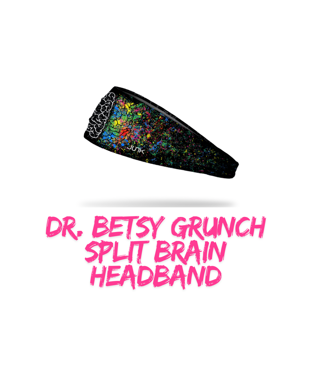 Ladyspinedoc x JUNK Brand headband with colorful brain design on a black background