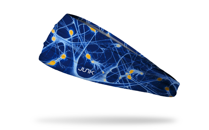 Ladyspinedoc x JUNK Brand headband with blue background and white and yellow synapses