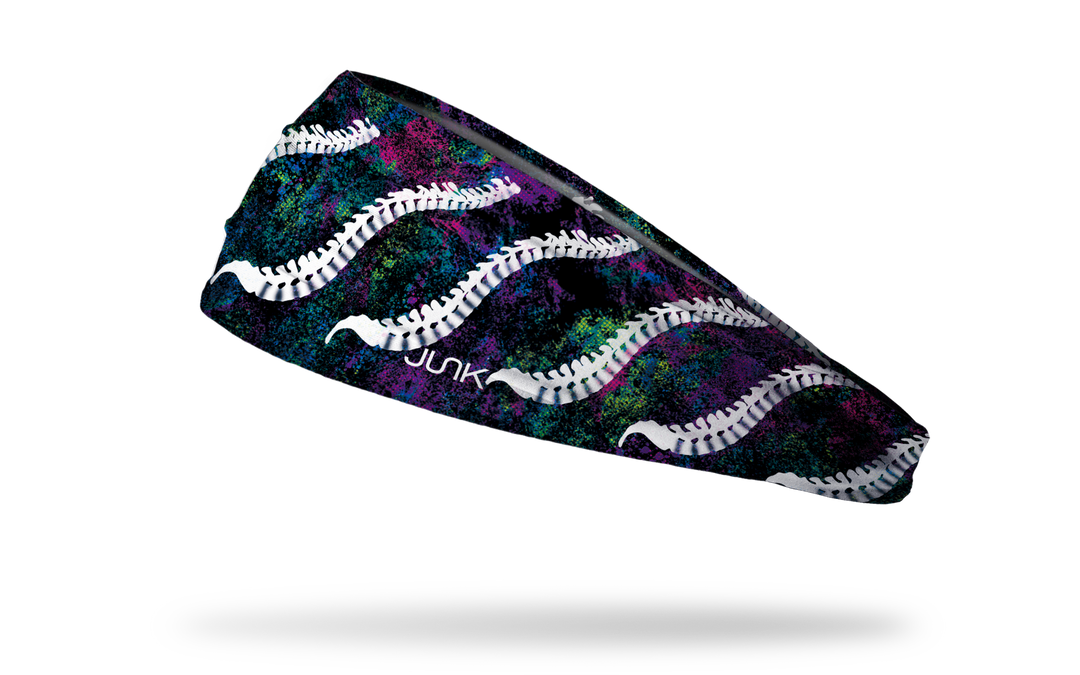 Ladyspinedoc x JUNK Brand headband with spine designs on colorful dark background