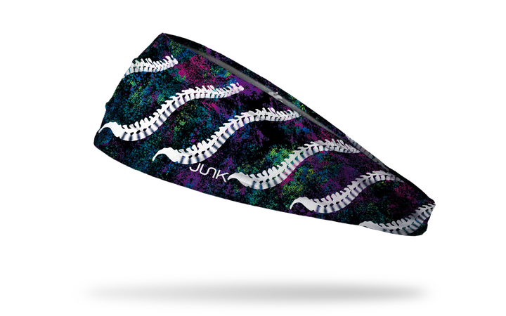 Ladyspinedoc x JUNK Brand headband with spine designs on colorful dark background