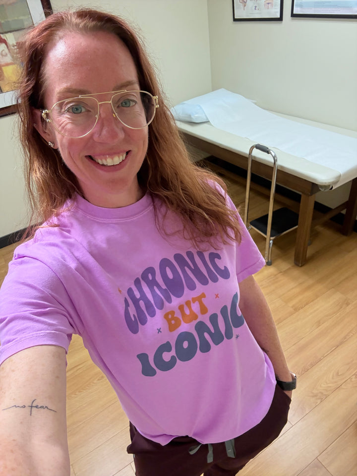 Dr. Betsy Grunch wearing her Chronic But Iconic purple t-shirt