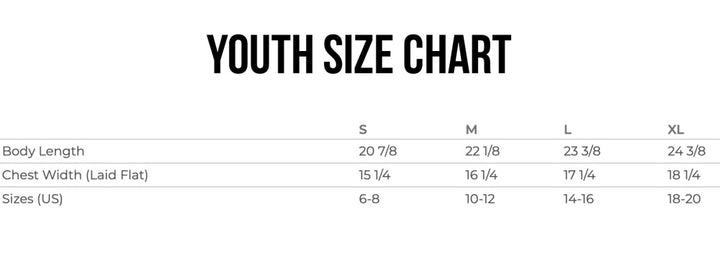 Youth size chart for Incredible shirts