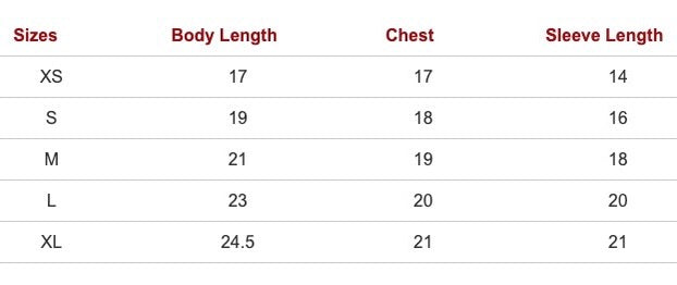 Size chart for youth Incredible Crew