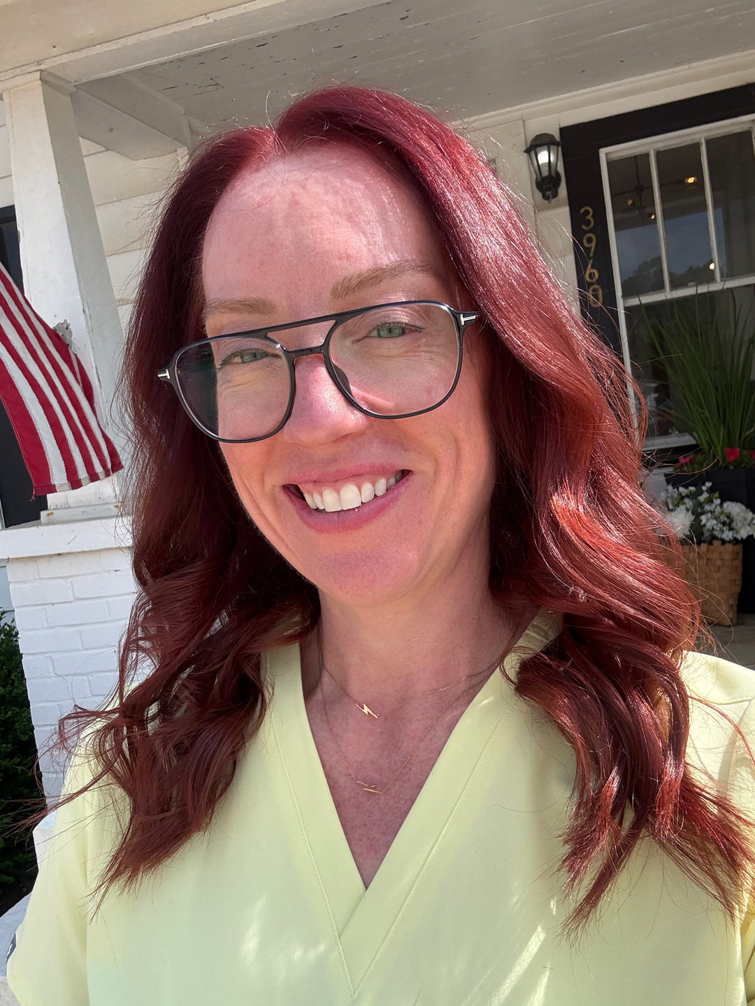 Ladyspinedoc wearing a yellow top outside