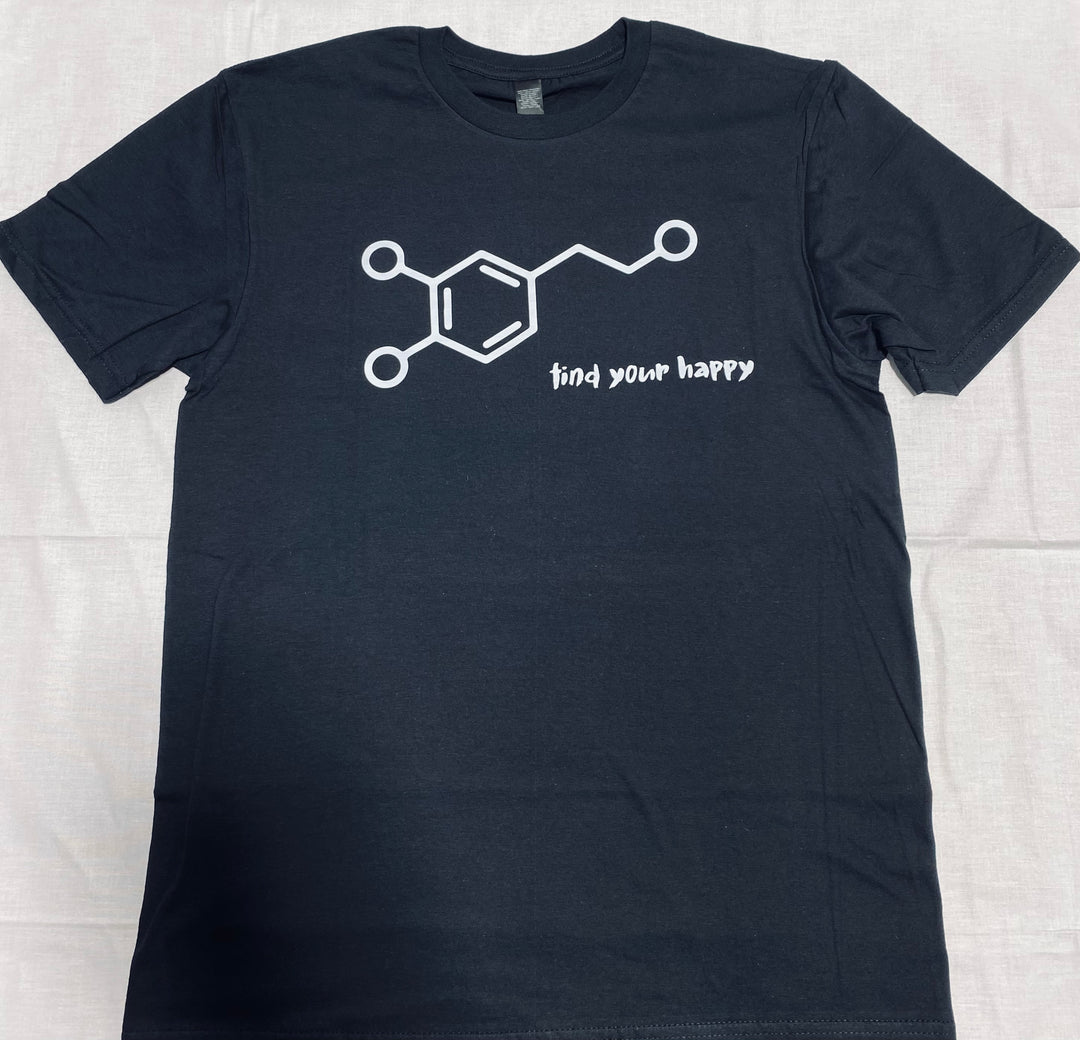Black t-shirt with a white molecular design and 'find your happy' text on a light gray background