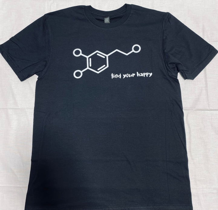 Black t-shirt with a white molecular design and 'find your happy' text on a light gray background
