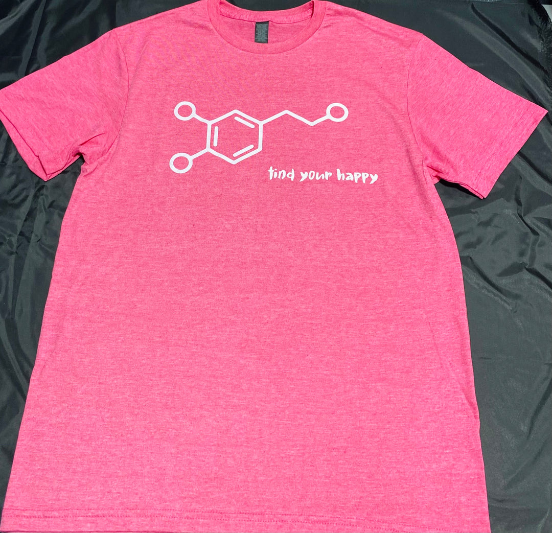Pink t-shirt with white dopamine molecular design and text on a black background