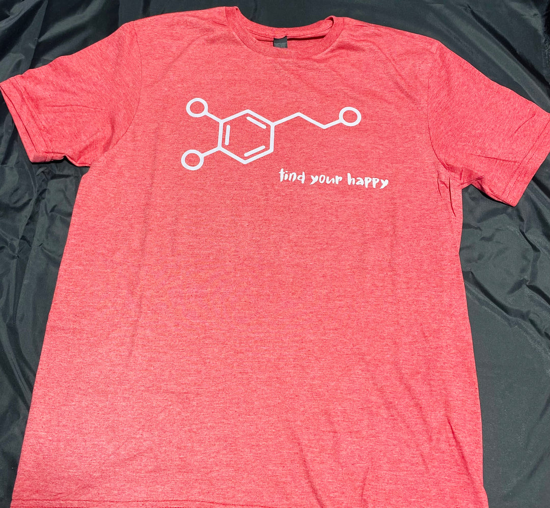 Red t-shirt with white dopamine molecular design and text 'find your happy' on a black background