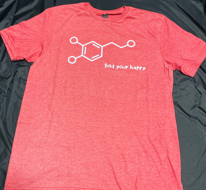 Red t-shirt with white dopamine molecular design and text 'find your happy' on a black background