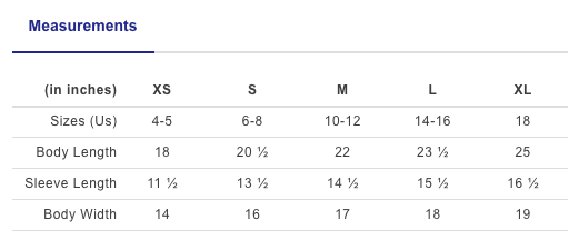Measurement chart for clothing sizes in inches with XS to XL