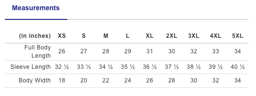 Measurement chart for clothing sizes in inches