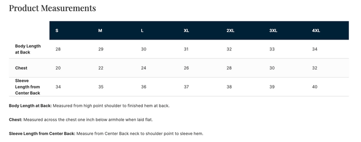 Product measurements table for clothing sizes S to 4XL