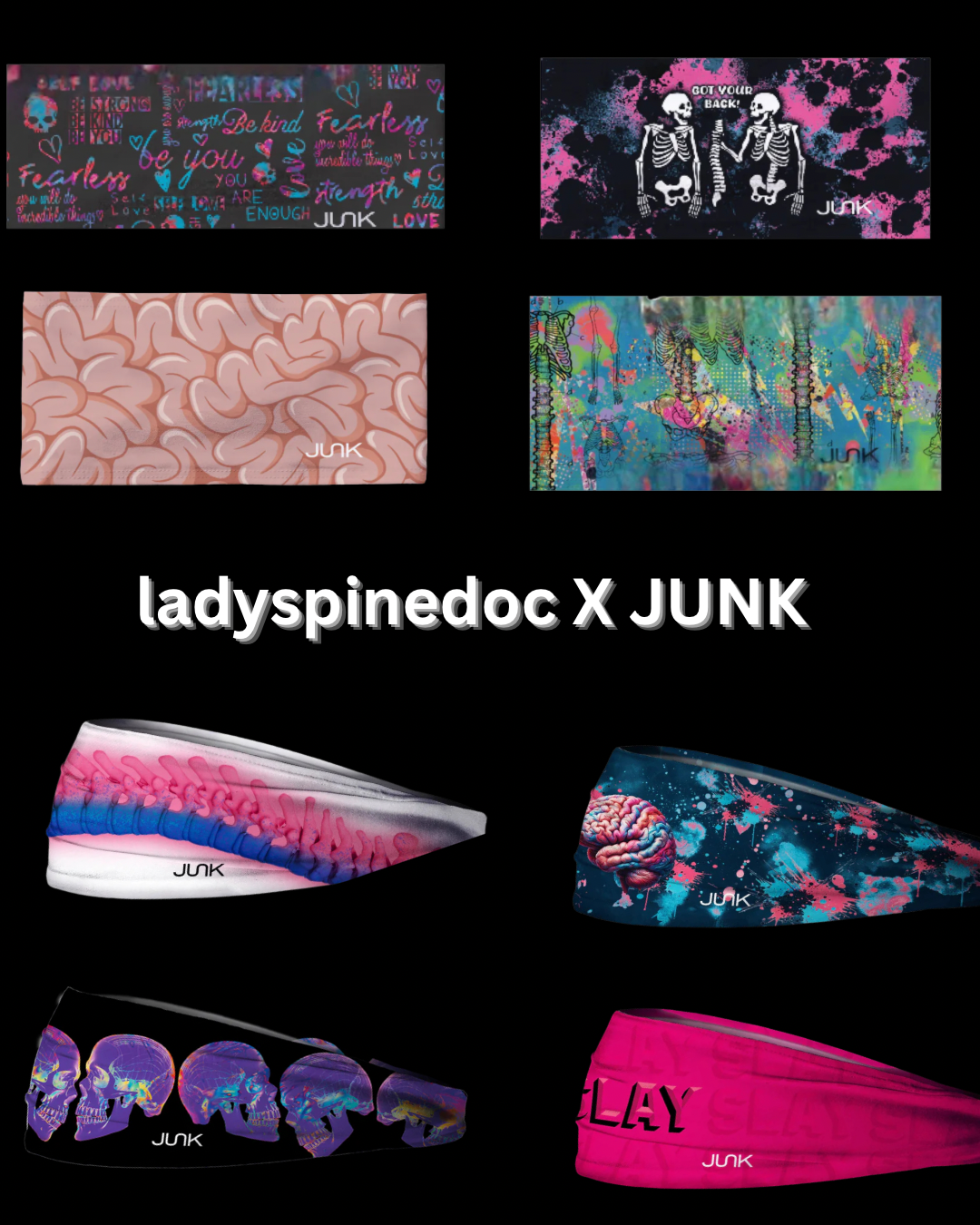 Collage of colorful headbands with 'ladyspinedoc X JUNK' branding on a black background.