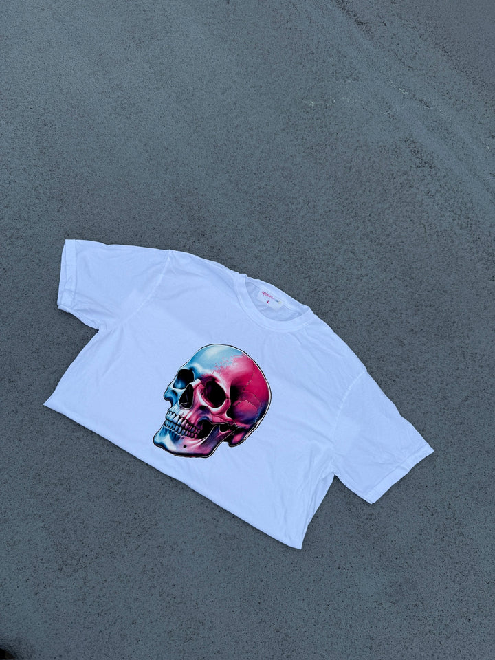 flat lay of the Skull Style Cropped Tee – White Short Sleeve Crop Top with Skull Design