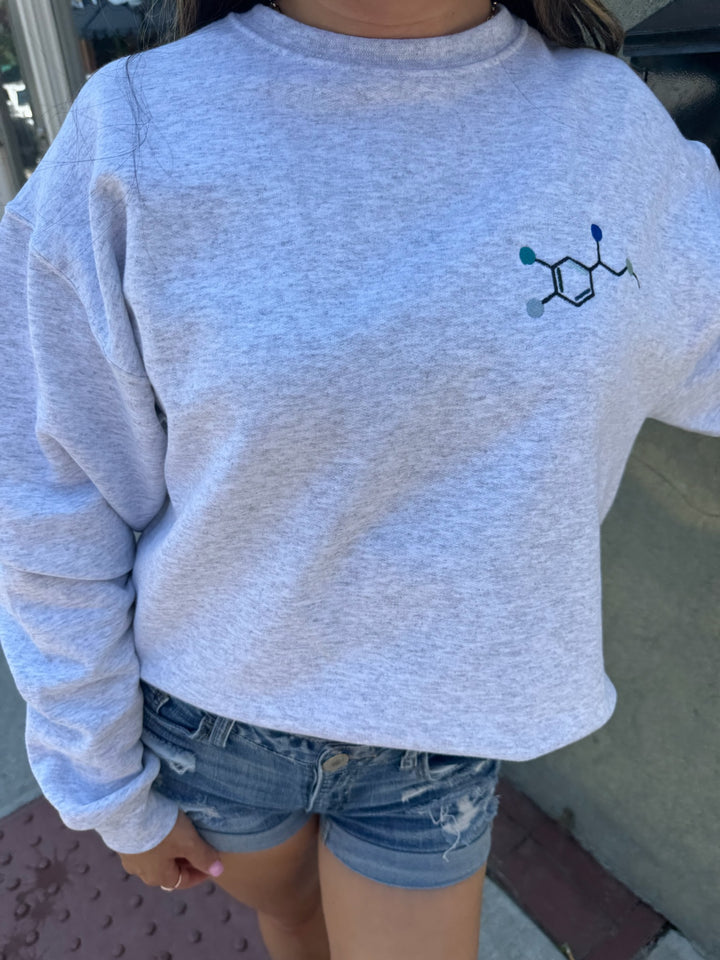 Front view of model wearing Ladyspinedoc Code Cart Crewneck Sweatshirt - Gray Shirt with Embroidered Epinephrine (Adrenaline) Molecule Design