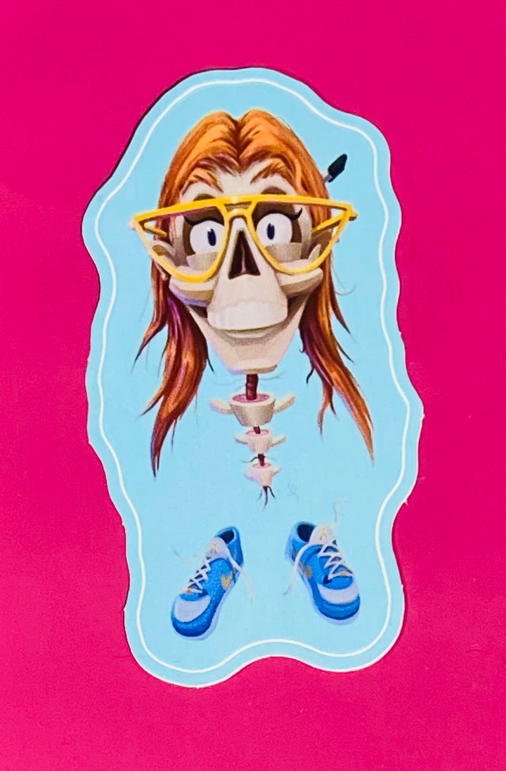 Ladyspinedoc cartoon character with glasses and blue sneakers on a pink background