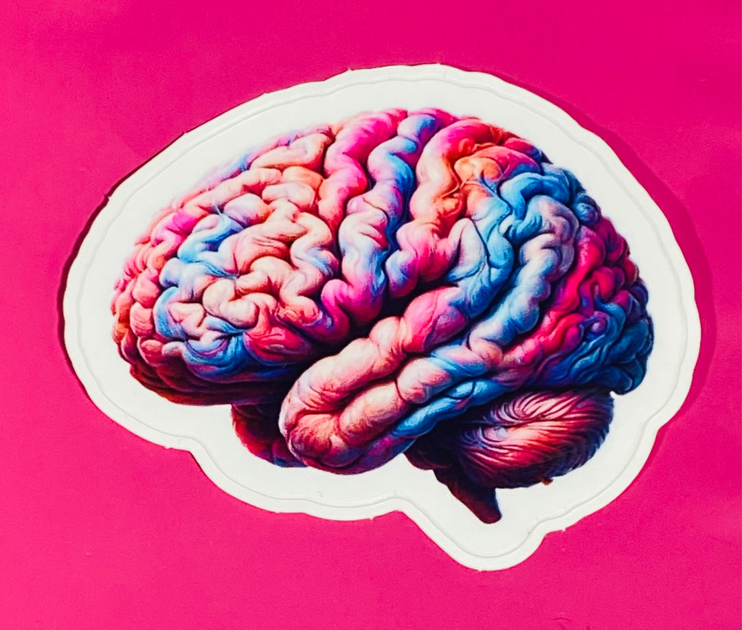Colorful brain sticker on a pink background