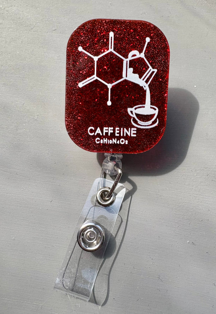 Ladyspinedoc Red Sparkly Enerjava Badge Reel - Retractable with Alligator Clip and Caffeine Molecule Design on a dark red glitter background - perfect for Coffee Lovers