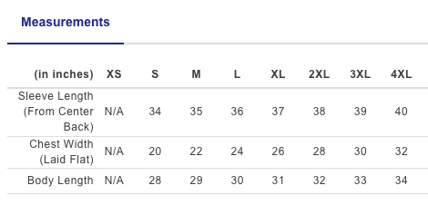 Measurement chart for shirt sizes with sleeve length, chest width, and body length measurements.