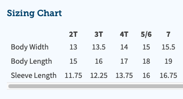 Size chart