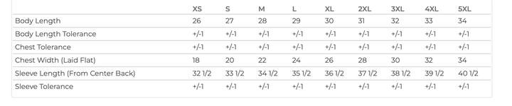 Measurement chart for clothing sizes with labeled dimensions.