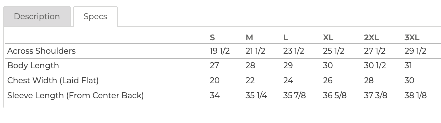 Measurement chart for clothing sizes S to 3XL with details on shoulder width, body length, chest width, and sleeve length.