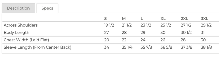 Measurement chart for clothing sizes S to 3XL with details on shoulder width, body length, chest width, and sleeve length.