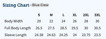 Sizing chart for Blue Crew clothing with measurements in centimeters.