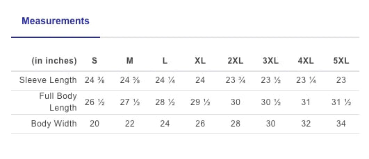 Measurement chart for clothing sizes S to 5XL with sleeve length, full body length, and body width details.
